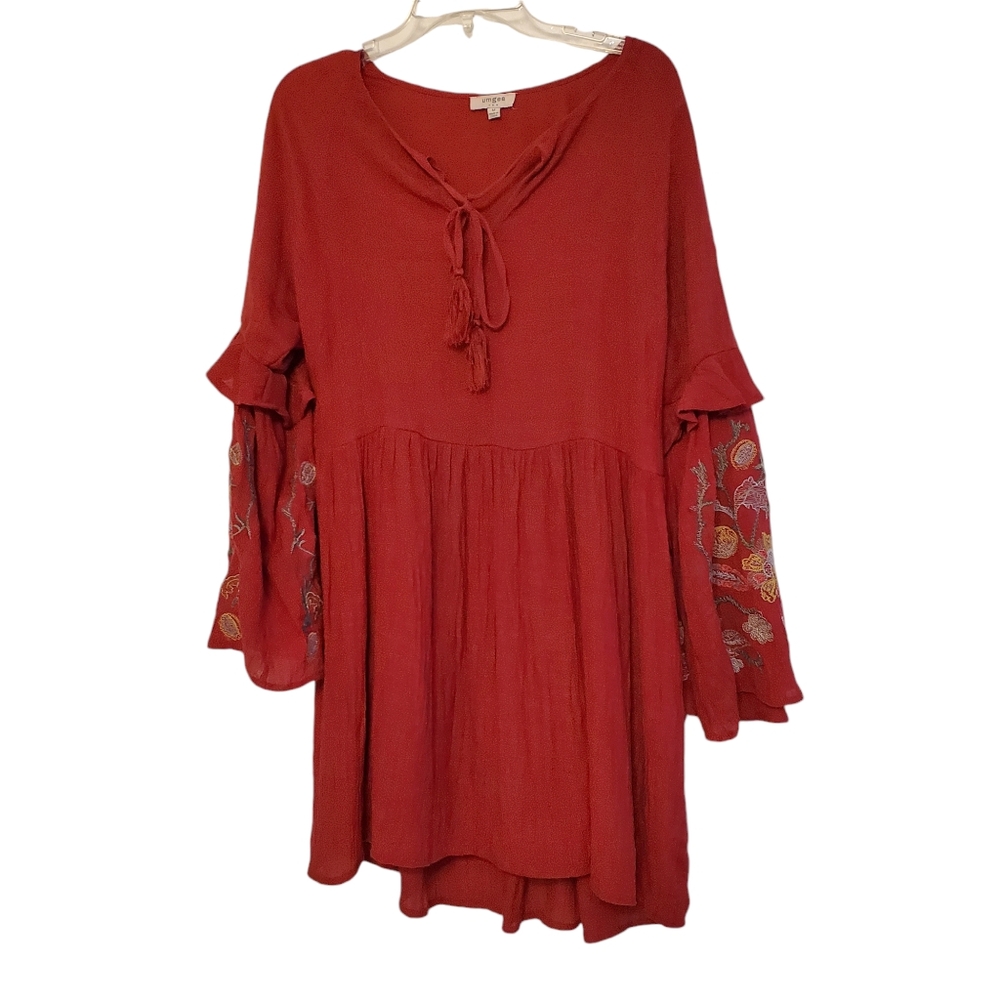 UMGEE Boho Rusty Red Dress with Embroidered Bell Sleeves, Size Medium